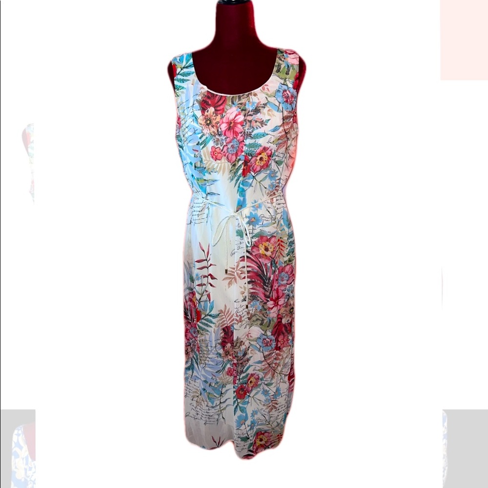 Tacera Large Floral White Sleeveless Tie Waist Maxi Dress
